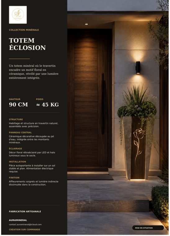 Totem Éclosion en travertin, motif floral ajouré rétroéclairé — mise en situation