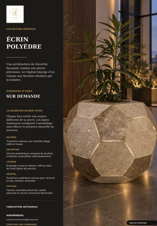 Écrin Polyèdre, jardinière en travertin à facettes avec plante — mise en situation