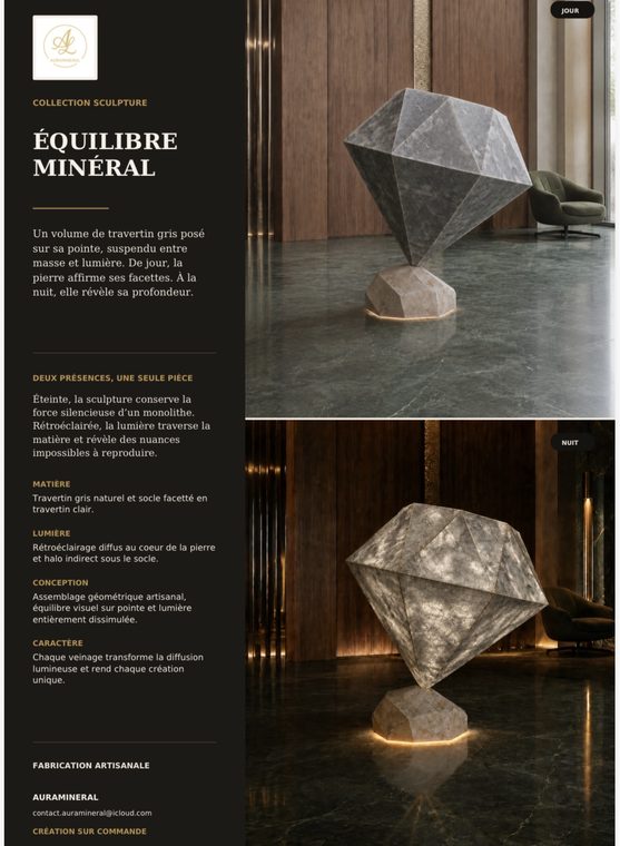 Équilibre Minéral, sculpture facettée en travertin sur socle brut — mise en situation