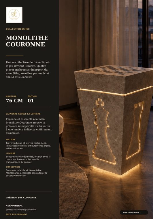 Monolithe Couronne, pièces d'échecs gravées dans le travertin et damier sur le dessus — mise en situation