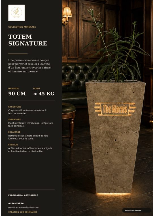 Totem Signature en travertin avec nom gravé et rétroéclairé — mise en situation