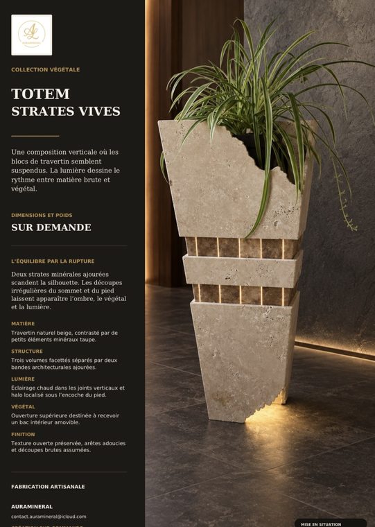 Totem Strates Vives, blocs de travertin superposés et rétroéclairés — mise en situation